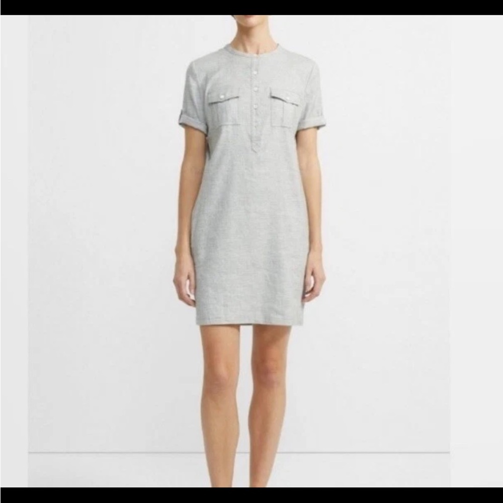 Theory Heather Gray Short Sleeve LINEN-like Mini Dress